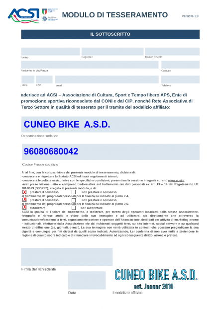 Modulo ACSI per richiesta tesseramento 2026 alla Cuneo Bike ASD - A.S.D. CUNEO BIKE