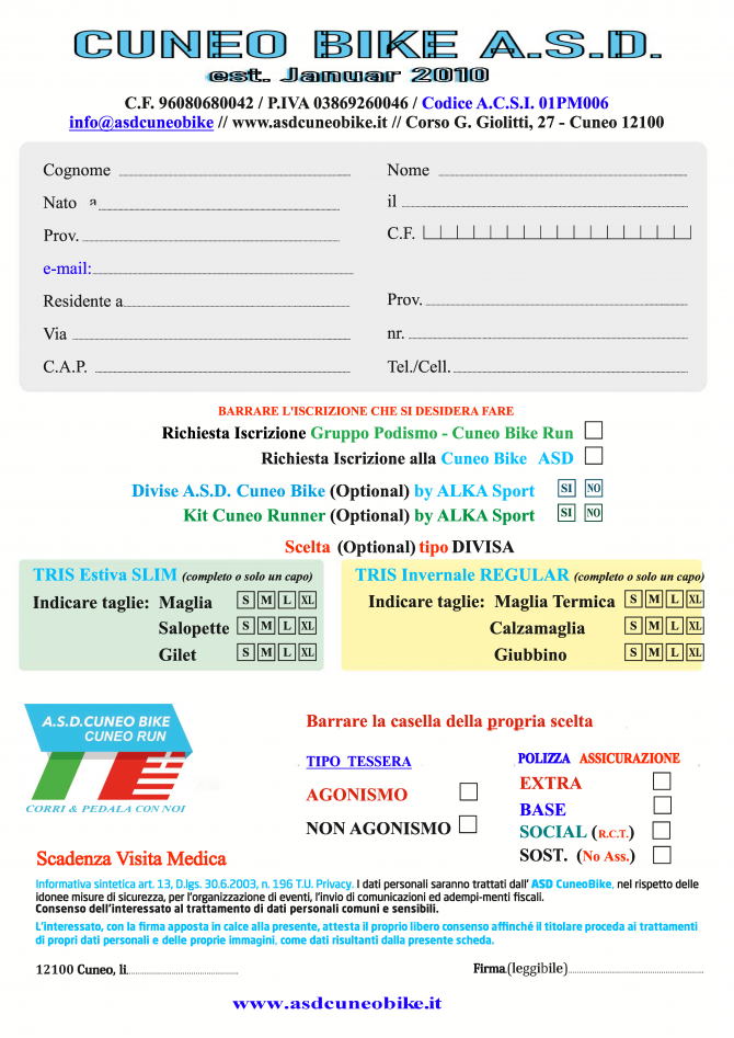 Modulo richiesta tesseramento alla Cuneo Bike ASD - A.S.D. CUNEO BIKE