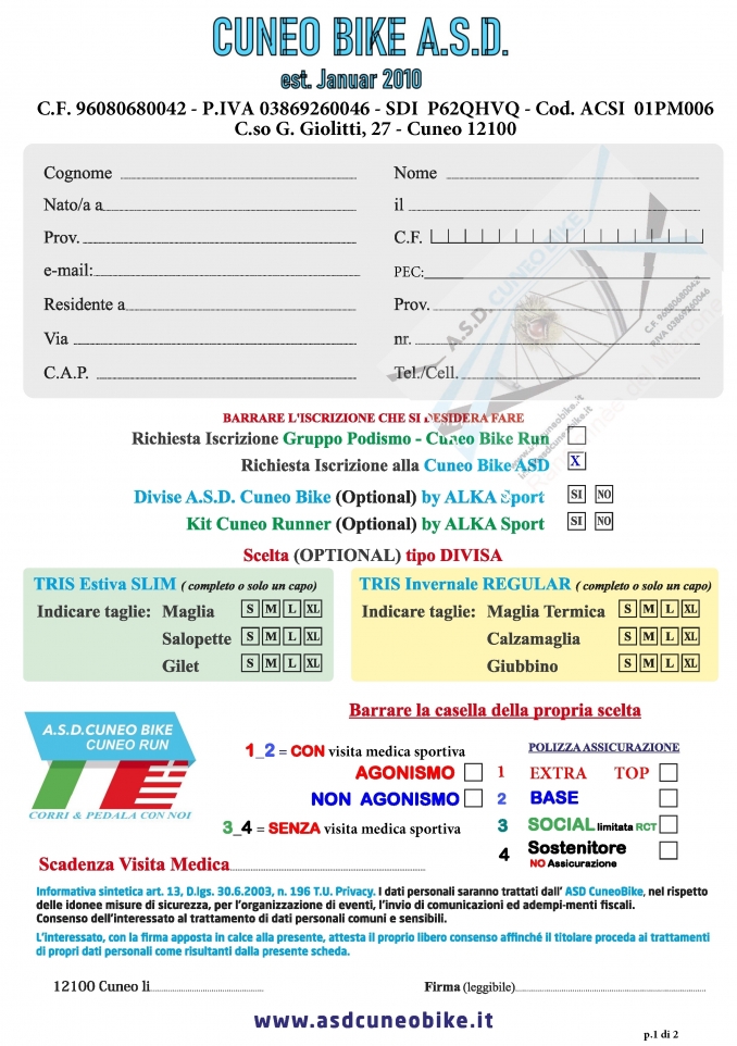 Iscrizioni SafeGuarding  2025 alla Cuneo Bike ASD - pag. 1 di 2 - A.S.D. CUNEO BIKE